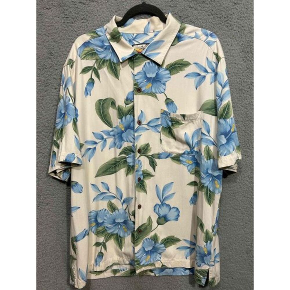 Havana Jacks Cafe Aloha Large Blue Floral Breezewear Rayon Short Sleeve Shirt